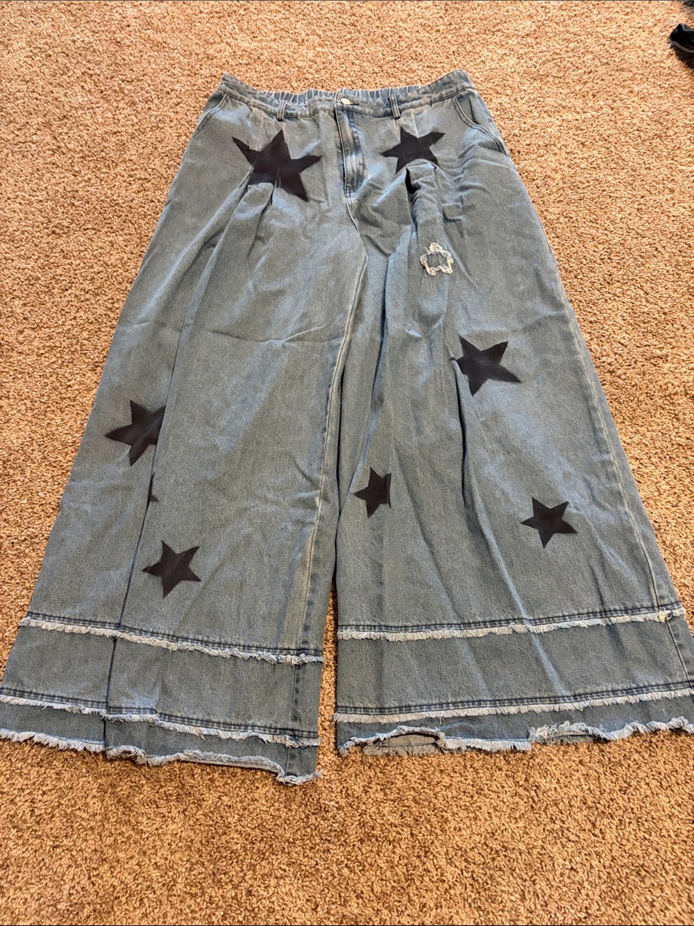 BiBi Wide Leg Star Patch Denim Jumpsuit Pants - Light Blue with Black Stars
